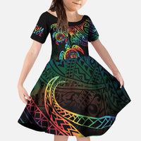 Hawaii Pride Family Matching Off The Shoulder Long Sleeve Dress and Hawaiian Shirt Rainbow Swirls LT7 Daughter's Dress Colorful - Polynesian Pride