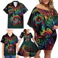 Hawaii Pride Family Matching Off Shoulder Short Dress and Hawaiian Shirt Rainbow Swirls