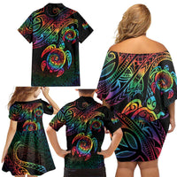 Hawaii Pride Family Matching Off Shoulder Short Dress and Hawaiian Shirt Rainbow Swirls
