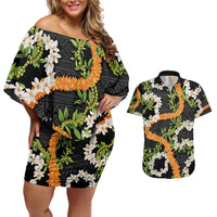 Aloha Festive Hawaii Couples Matching Off Shoulder Short Dress and Hawaiian Shirt Mokihana - Maile and Ilima on Black - Polynesian Pride