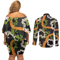 Aloha Festive Hawaii Couples Matching Off Shoulder Short Dress and Long Sleeve Button Shirt Mokihana - Maile and Ilima on Black - Polynesian Pride