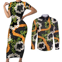 Aloha Festive Hawaii Couples Matching Short Sleeve Bodycon Dress and Long Sleeve Button Shirt Mokihana - Maile and Ilima on Black - Polynesian Pride