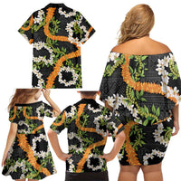 Aloha Festive Hawaii Family Matching Off Shoulder Short Dress and Hawaiian Shirt Mokihana - Maile and Ilima on Black - Polynesian Pride