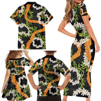 Aloha Festive Hawaii Family Matching Short Sleeve Bodycon Dress and Hawaiian Shirt Mokihana - Maile and Ilima on Black - Polynesian Pride
