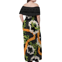 Aloha Festive Hawaii Off Shoulder Maxi Dress Mokihana - Maile and Ilima on Black - Polynesian Pride