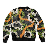 Aloha Festive Hawaii Sleeve Zip Bomber Jacket Mokihana - Maile and Ilima on Black - Polynesian Pride