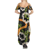 Aloha Festive Hawaii Summer Maxi Dress Mokihana - Maile and Ilima on Black - Polynesian Pride