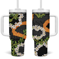 Aloha Festive Hawaii Tumbler With Handle Mokihana - Maile and Ilima on Black - Polynesian Pride