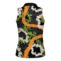 Aloha Festive Hawaii Women Sleeveless Polo Shirt Mokihana - Maile and Ilima on Black - Polynesian Pride