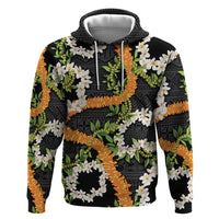 Aloha Festive Hawaii Zip Hoodie Mokihana - Maile and Ilima on Black - Polynesian Pride