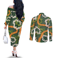 Aloha Festive Hawaii Couples Matching Off The Shoulder Long Sleeve Dress and Long Sleeve Button Shirt Mokihana - Maile and Ilima on Forest Green - Polynesian Pride