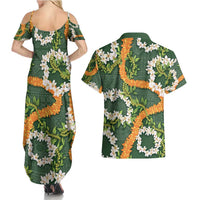 Aloha Festive Hawaii Couples Matching Summer Maxi Dress and Hawaiian Shirt Mokihana - Maile and Ilima on Forest Green - Polynesian Pride