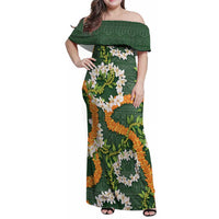 Aloha Festive Hawaii Family Matching Off Shoulder Maxi Dress and Hawaiian Shirt Mokihana - Maile and Ilima on Forest Green - Polynesian Pride