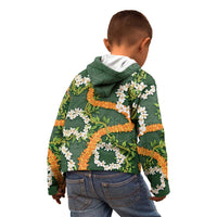 Aloha Festive Hawaii Kid Hoodie Mokihana - Maile and Ilima on Forest Green - Polynesian Pride