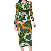 Aloha Festive Hawaii Long Sleeve Bodycon Dress Mokihana - Maile and Ilima on Forest Green - Polynesian Pride