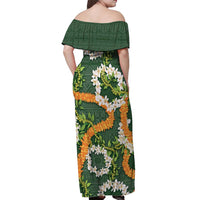 Aloha Festive Hawaii Off Shoulder Maxi Dress Mokihana - Maile and Ilima on Forest Green - Polynesian Pride