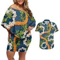 Aloha Festive Hawaii Couples Matching Off Shoulder Short Dress and Hawaiian Shirt Mokihana - Maile and Ilima on Navy Blue - Polynesian Pride