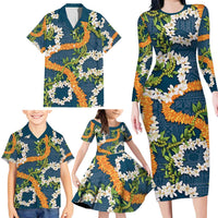 Aloha Festive Hawaii Family Matching Long Sleeve Bodycon Dress and Hawaiian Shirt Mokihana - Maile and Ilima on Navy Blue - Polynesian Pride