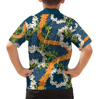 Aloha Festive Hawaii Kid Hawaiian Shirt Mokihana - Maile and Ilima on Navy Blue - Polynesian Pride