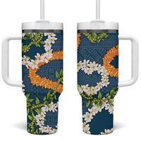Aloha Festive Hawaii Tumbler With Handle Mokihana - Maile and Ilima on Navy Blue - Polynesian Pride