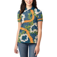 Aloha Festive Hawaii Women Polo Shirt Mokihana - Maile and Ilima on Navy Blue - Polynesian Pride