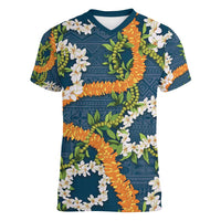 Aloha Festive Hawaii Women V-Neck T-Shirt Mokihana - Maile and Ilima on Navy Blue - Polynesian Pride