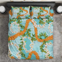 Aloha Festive Hawaii Bedding Set Mokihana - Maile and Ilima on Turquoise - Polynesian Pride