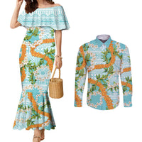 Aloha Festive Hawaii Couples Matching Mermaid Dress and Long Sleeve Button Shirt Mokihana - Maile and Ilima on Turquoise - Polynesian Pride