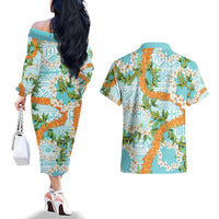 Aloha Festive Hawaii Couples Matching Off The Shoulder Long Sleeve Dress and Hawaiian Shirt Mokihana - Maile and Ilima on Turquoise - Polynesian Pride