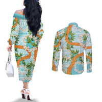 Aloha Festive Hawaii Couples Matching Off The Shoulder Long Sleeve Dress and Long Sleeve Button Shirt Mokihana - Maile and Ilima on Turquoise - Polynesian Pride