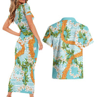 Aloha Festive Hawaii Couples Matching Short Sleeve Bodycon Dress and Hawaiian Shirt Mokihana - Maile and Ilima on Turquoise - Polynesian Pride