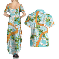 Aloha Festive Hawaii Couples Matching Summer Maxi Dress and Hawaiian Shirt Mokihana - Maile and Ilima on Turquoise - Polynesian Pride