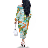 Aloha Festive Hawaii Family Matching Off The Shoulder Long Sleeve Dress and Hawaiian Shirt Mokihana - Maile and Ilima on Turquoise - Polynesian Pride