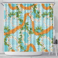 Aloha Festive Hawaii Shower Curtain Mokihana - Maile and Ilima on Turquoise - Polynesian Pride