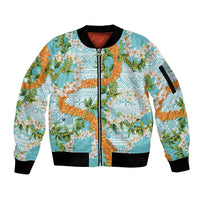 Aloha Festive Hawaii Sleeve Zip Bomber Jacket Mokihana - Maile and Ilima on Turquoise - Polynesian Pride