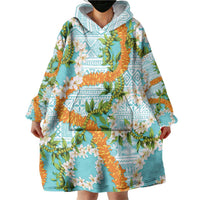 Aloha Festive Hawaii Wearable Blanket Hoodie Mokihana - Maile and Ilima on Turquoise - Polynesian Pride