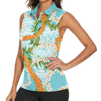 Aloha Festive Hawaii Women Sleeveless Polo Shirt Mokihana - Maile and Ilima on Turquoise - Polynesian Pride