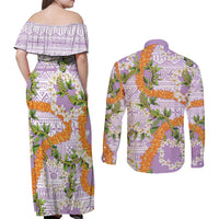 Aloha Festive Hawaii Couples Matching Off Shoulder Maxi Dress and Long Sleeve Button Shirt Mokihana - Maile and Ilima on Lilac - Polynesian Pride