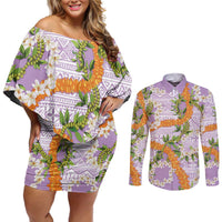 Aloha Festive Hawaii Couples Matching Off Shoulder Short Dress and Long Sleeve Button Shirt Mokihana - Maile and Ilima on Lilac - Polynesian Pride
