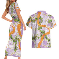 Aloha Festive Hawaii Couples Matching Short Sleeve Bodycon Dress and Hawaiian Shirt Mokihana - Maile and Ilima on Lilac - Polynesian Pride