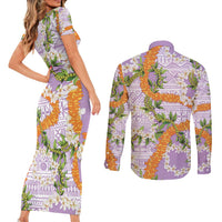 Aloha Festive Hawaii Couples Matching Short Sleeve Bodycon Dress and Long Sleeve Button Shirt Mokihana - Maile and Ilima on Lilac - Polynesian Pride