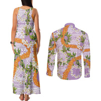 Aloha Festive Hawaii Couples Matching Tank Maxi Dress and Long Sleeve Button Shirt Mokihana - Maile and Ilima on Lilac - Polynesian Pride