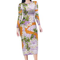 Aloha Festive Hawaii Family Matching Long Sleeve Bodycon Dress and Hawaiian Shirt Mokihana - Maile and Ilima on Lilac - Polynesian Pride