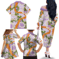 Aloha Festive Hawaii Family Matching Off The Shoulder Long Sleeve Dress and Hawaiian Shirt Mokihana - Maile and Ilima on Lilac - Polynesian Pride