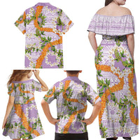 Aloha Festive Hawaii Family Matching Off Shoulder Maxi Dress and Hawaiian Shirt Mokihana - Maile and Ilima on Lilac - Polynesian Pride