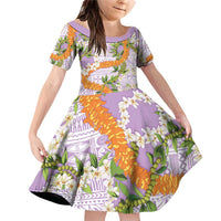 Aloha Festive Hawaii Family Matching Off Shoulder Short Dress and Hawaiian Shirt Mokihana - Maile and Ilima on Lilac - Polynesian Pride