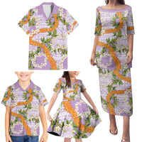 Aloha Festive Hawaii Family Matching Puletasi and Hawaiian Shirt Mokihana - Maile and Ilima on Lilac - Polynesian Pride