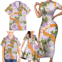 Aloha Festive Hawaii Family Matching Short Sleeve Bodycon Dress and Hawaiian Shirt Mokihana - Maile and Ilima on Lilac - Polynesian Pride