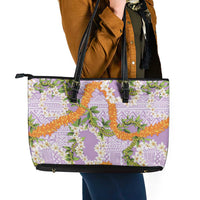 Aloha Festive Hawaii Leather Tote Bag Mokihana - Maile and Ilima on Lilac - Polynesian Pride