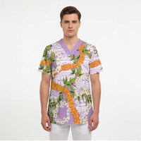 Aloha Festive Hawaii Scrub Top Mokihana - Maile and Ilima on Lilac - Polynesian Pride
